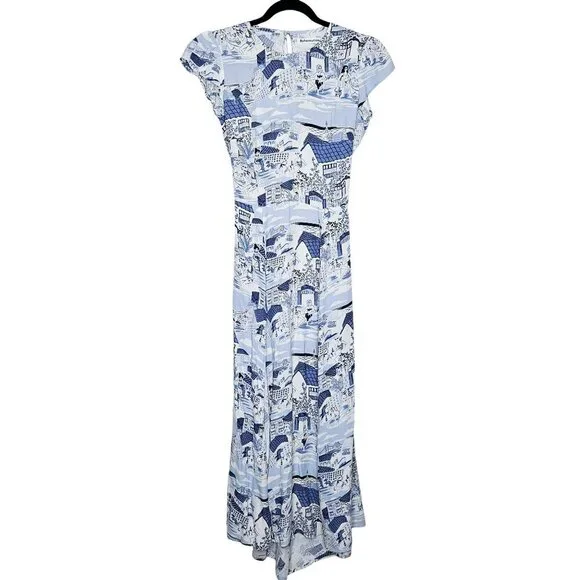 Reformation Gavin Blue White Portugal Printed Open Back Cap Sleeve Midi Dress - Picture 4 of 16